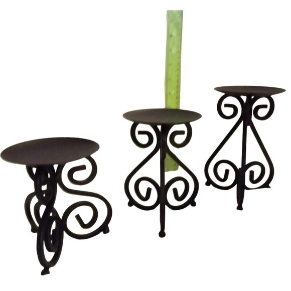 Black Wrought Iron Graduated Tier Scrollwork Pillar Candlestick Holder Set of 3 - Picture 2 of 11